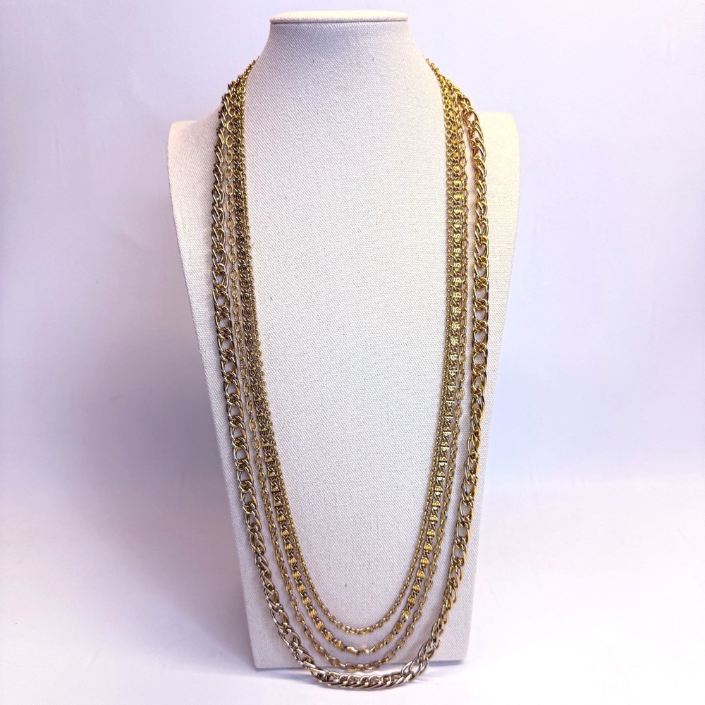 Vintage Layered Chunky Chain Necklace Long Multi Strand Gold Tone Statement